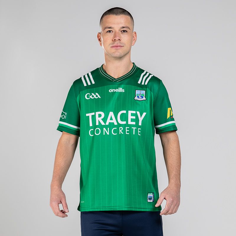 Green Fermanagh GAA Home Jersey 2024 with pinstripe design and Tracey concrete sponor logo on the chest by O’Neills.