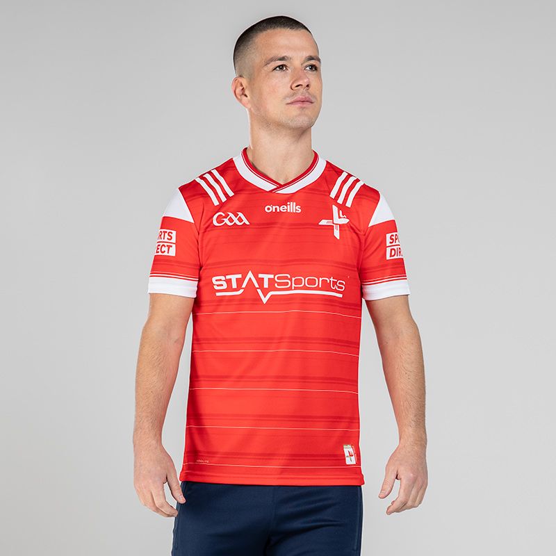 Red Louth GAA Home Jersey 2024 Player Fit with White knitted collar by O’Neills.