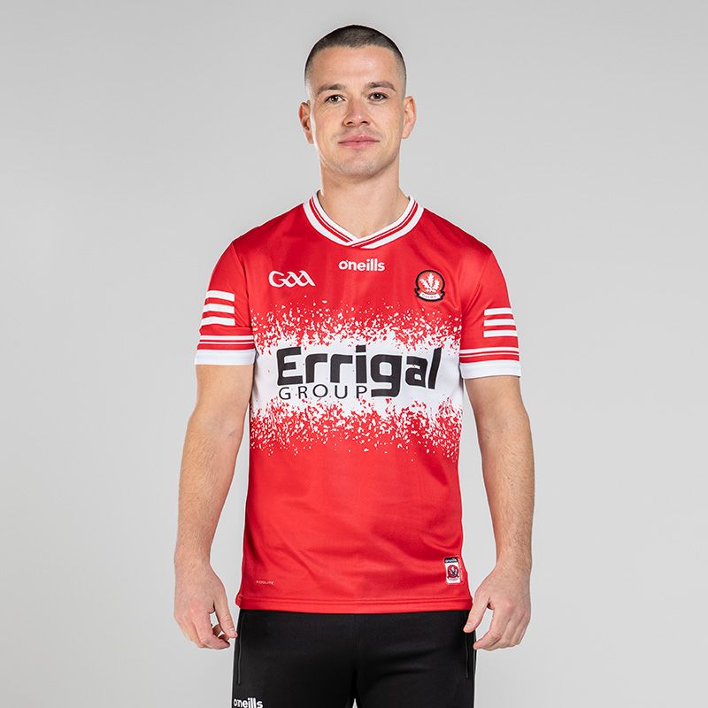 Red Derry GAA Home Jersey 2024 with Errigal Group sponsor logo on the chest by O’Neills.