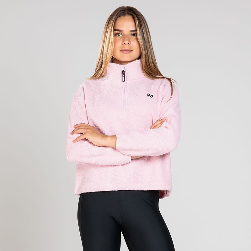 Pink Women's Sadie Half Zip from O’Neills featuring a deep funnel neck collar and adjustable waistband with toggle