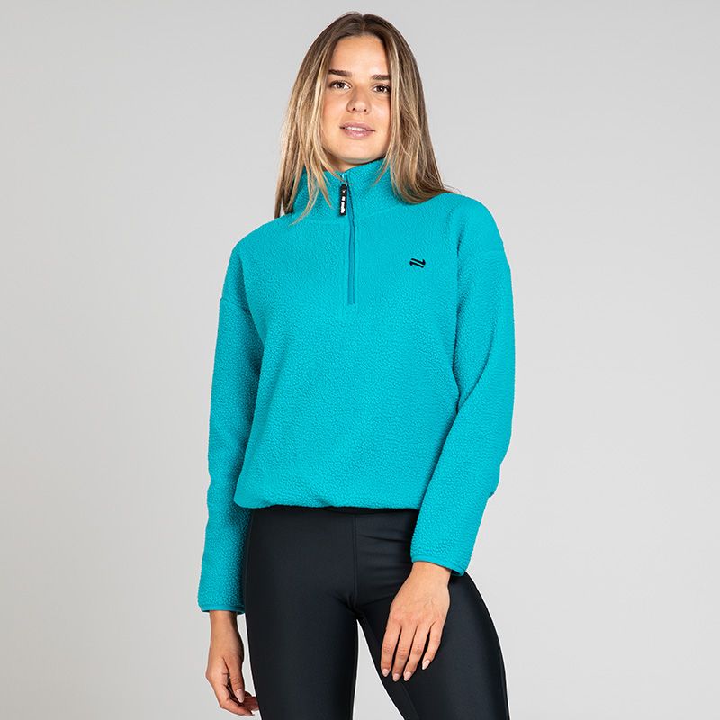 Blue Women's Sadie Half Zip from O’Neills featuring a deep funnel neck collar and adjustable waistband with toggle