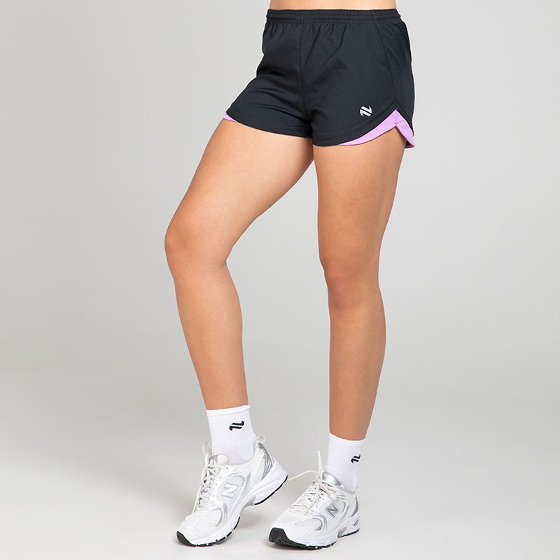 Black/Purple Women’s Sports Shorts with elasticated waistband by O’Neills.