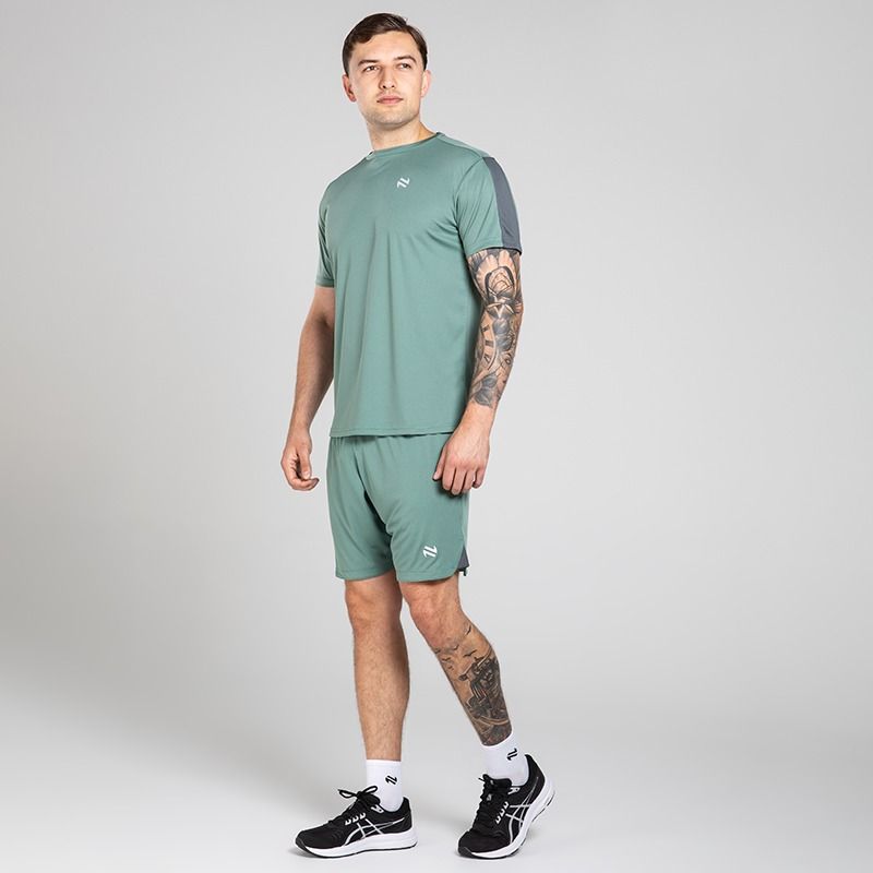 O’Neills Men’s Venom T-Shirt and Phantom Shorts set with breathable t-shirt and shorts in Green / Grey