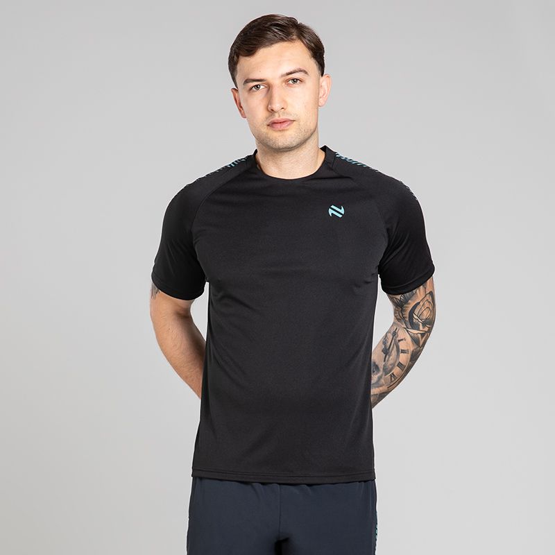 Black Men’s Ignite Training T-Shirt with Blue print design on sleeves by O’Neills.