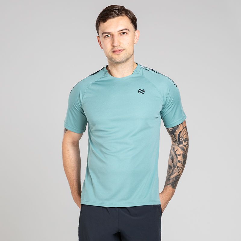 Blue Men’s Ignite Training T-Shirt with Black print design on sleeves by O’Neills.