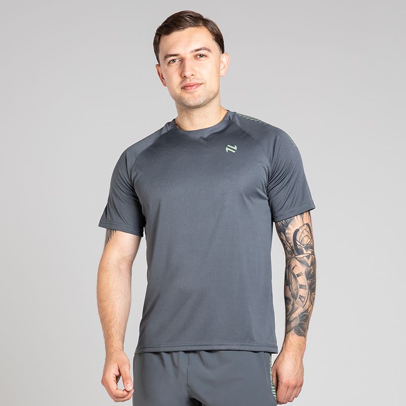 Grey Men’s Ignite Training T-Shirt with Green print design on sleeves by O’Neills.