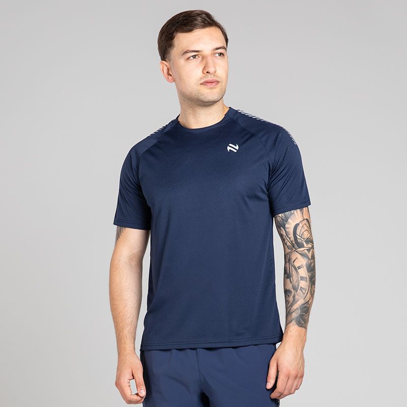 Navy Men’s Ignite Training T-Shirt with Grey print design on sleeves by O’Neills.