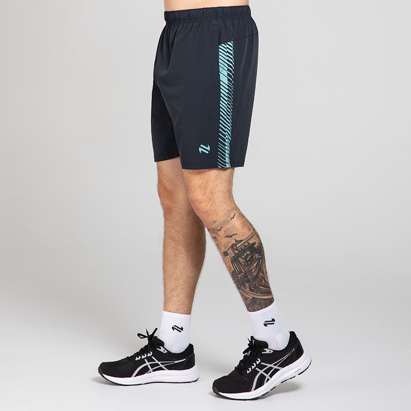 Black Men’s Ignite Training Shorts with Blue print design and two zip pockets by O’Neills.