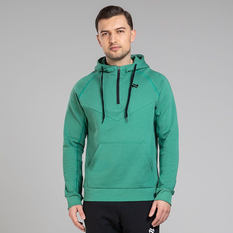 Green Men’s Inferno Fleece Half Zip Hoodie with kangaroo front pouch pocket and half zip closure by O’Neills.