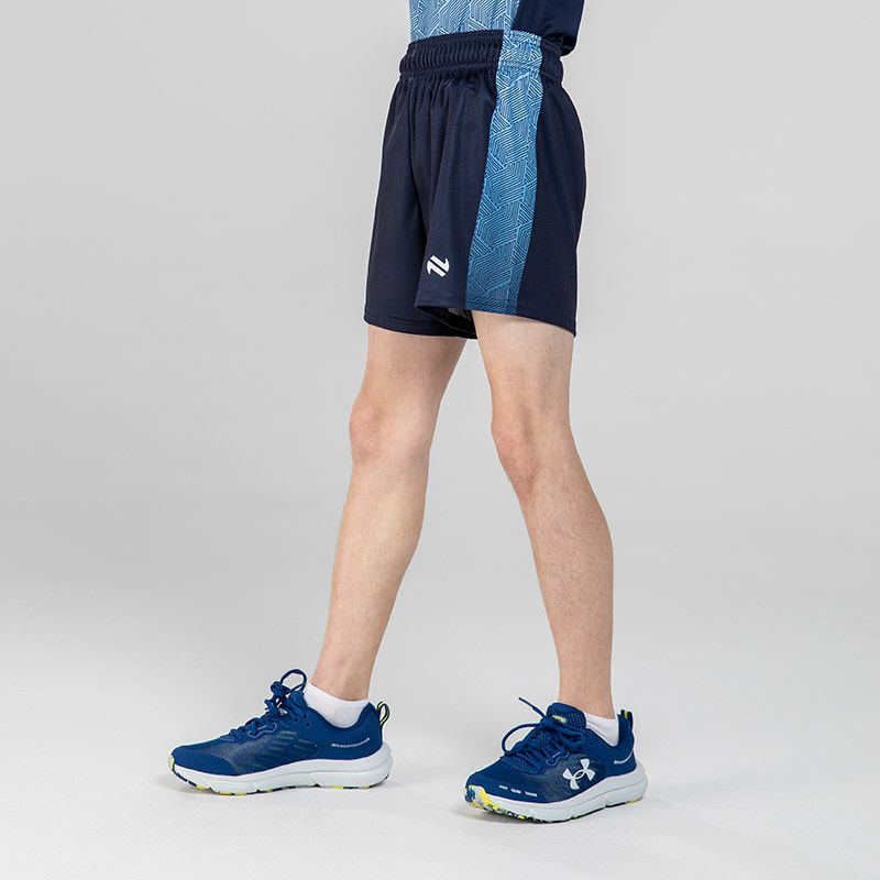 navy and blue Kids’ Rhys training shorts with zip pockets by O’Neills. 