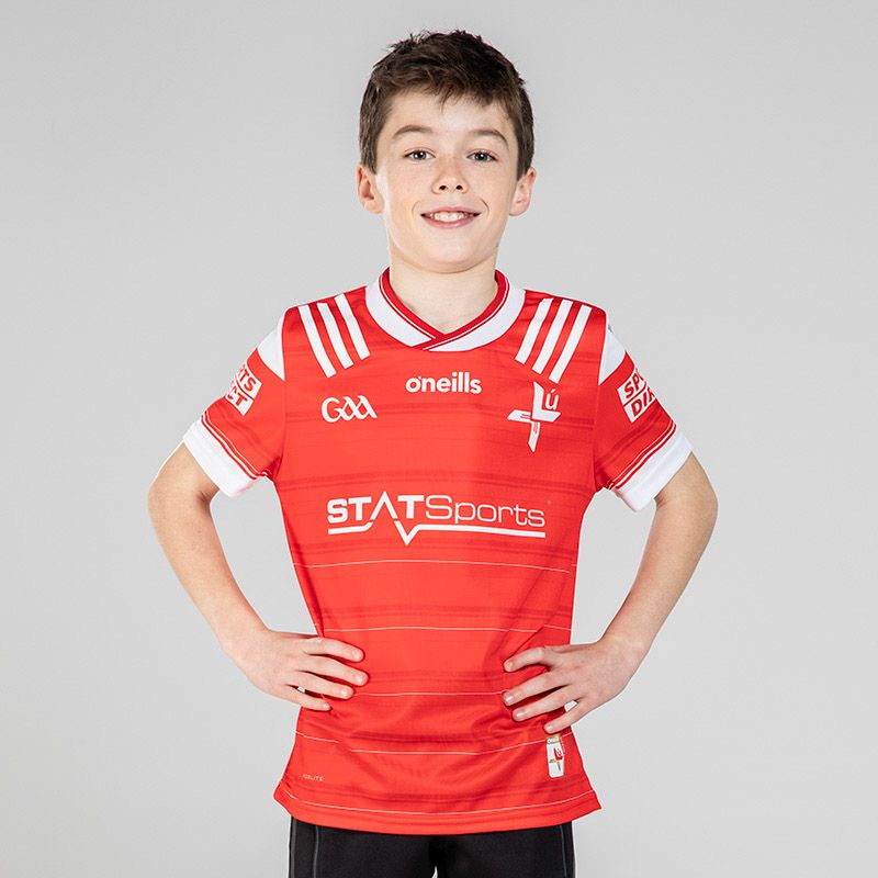 Red Louth GAA Home Jersey 2024 with White knitted collar by O’Neills.