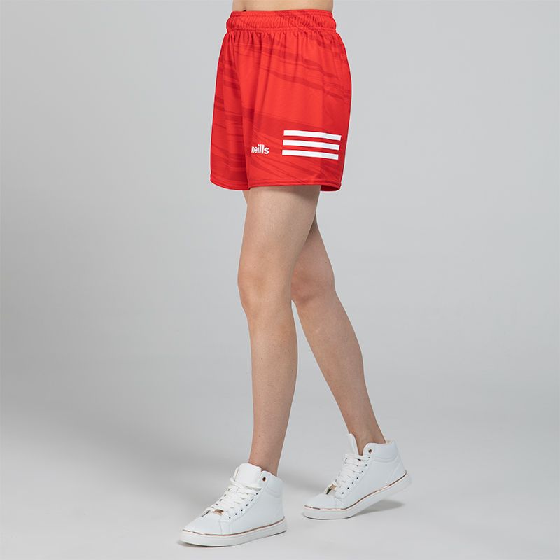 Women's red O’Neills Connell Shorts with three colour stripes on each leg and an all-over design.
