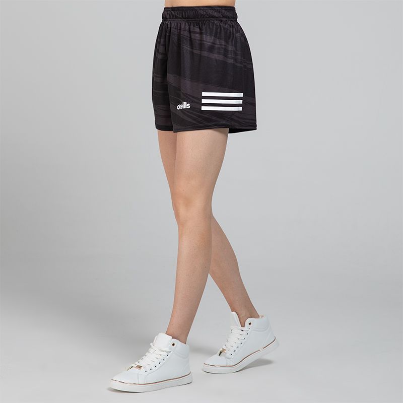 Black Women's O’Neills Connell Shorts with three colour stripes on each leg and an all-over design.