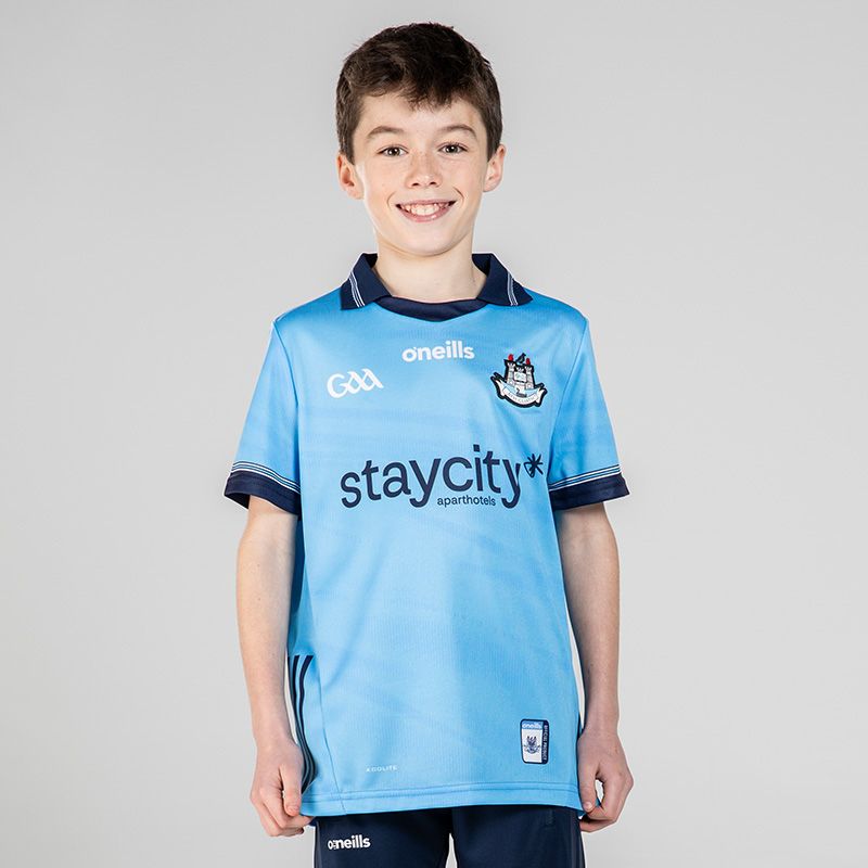 Sky Dublin GAA Home Jersey 2024 with navy knitted collar by O’Neills.