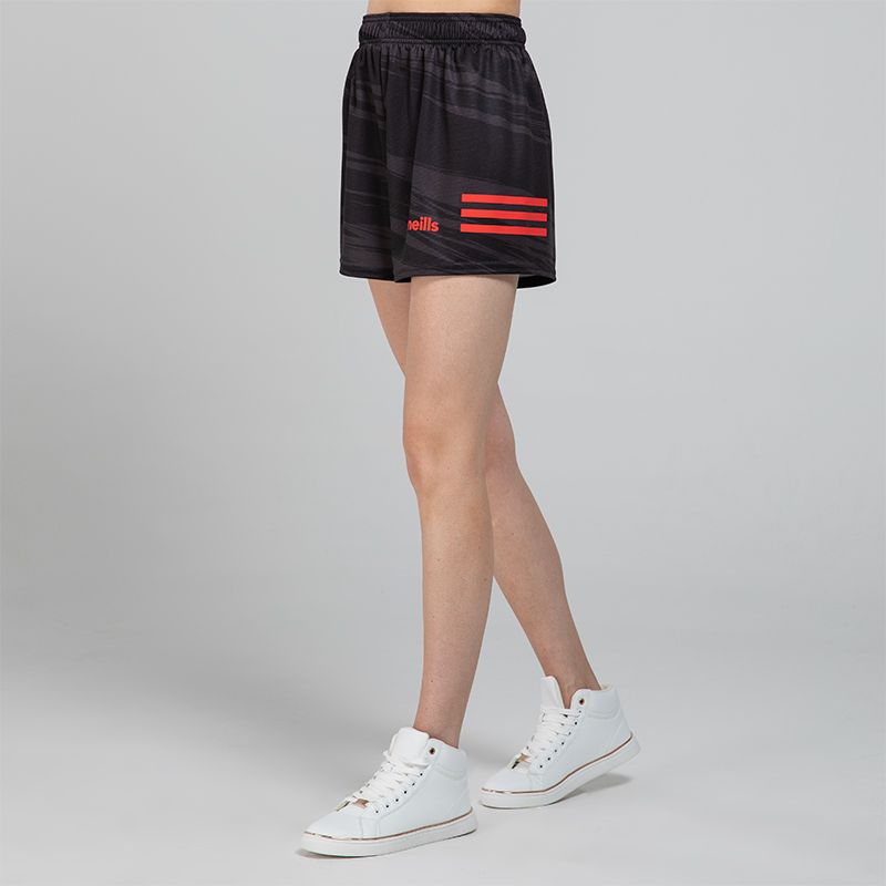 Women's black O’Neills Connell Shorts with three colour stripes on each leg and an all-over design.