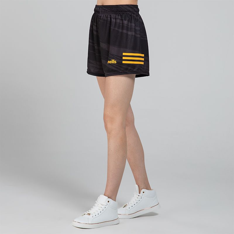 Black Women's O’Neills Connell Shorts with three colour stripes on each leg and an all-over design.
