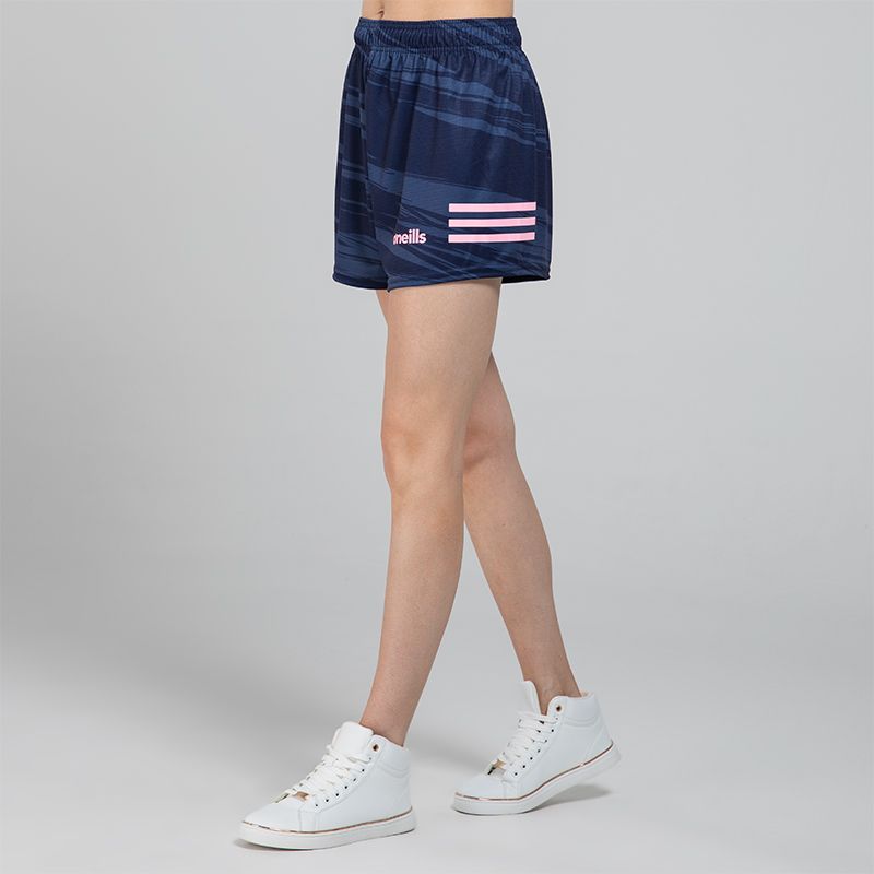 Navy Women's O’Neills Connell Shorts with three colour stripes on each leg and an all-over design.