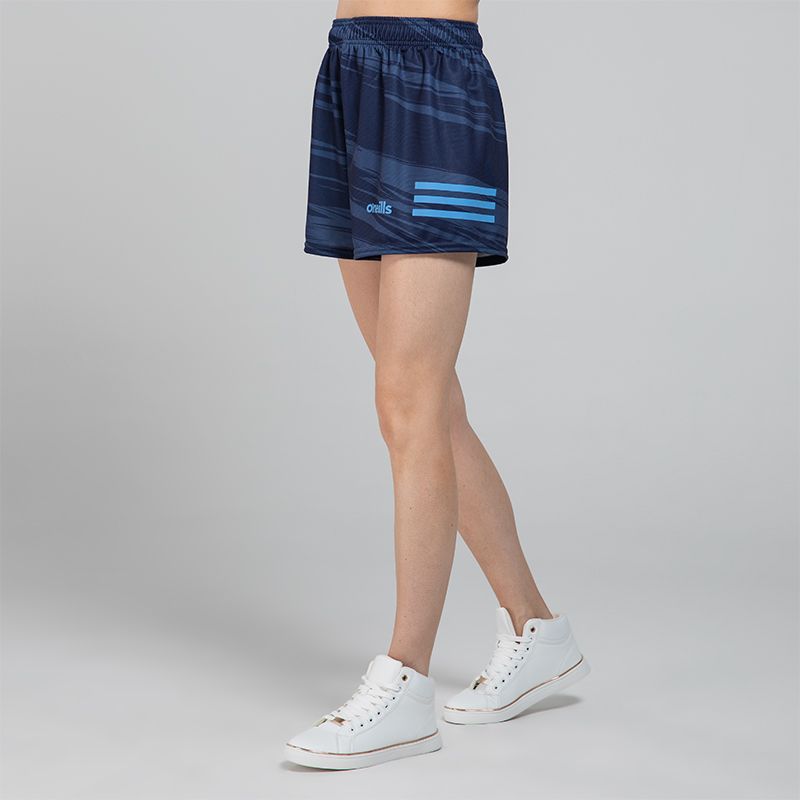Navy Women's O’Neills Connell Shorts with three colour stripes on each leg and an all-over design.