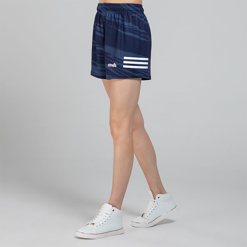 Navy Women's O’Neills Connell Shorts with three colour stripes on each leg and an all-over design.