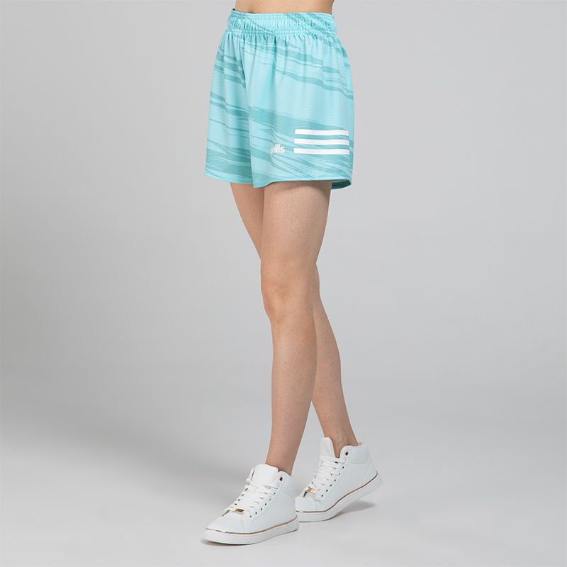 Mint women’s O’Neills Connell Shorts with three white stripes on each leg and an all-over design.