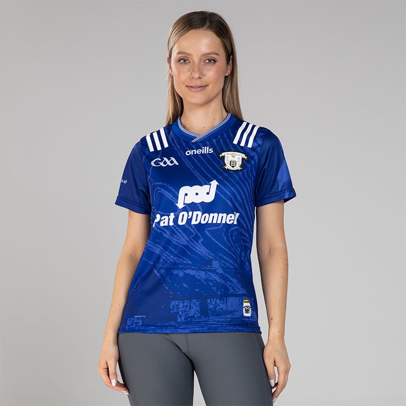 Royal Blue Women's Clare GAA Commemoration Jersey with Michael Cusack cottage on the front and image of Michael Cusack on the sleeve by O’Neills.