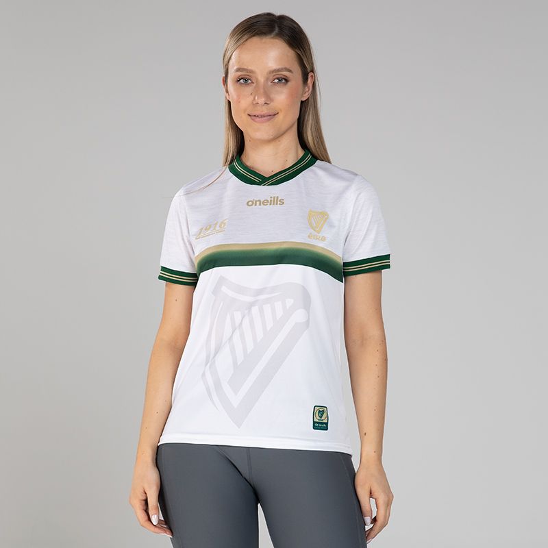 White Women's 1916 Commemoration Jersey with Poblacht na hÉireann on the back by O’Neills.