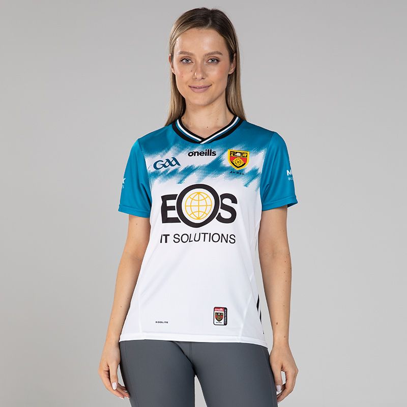 White and Turquoise Down GAA Alternative Goalkeeper Jersey 2024 with a ribbed crew by O’Neills.