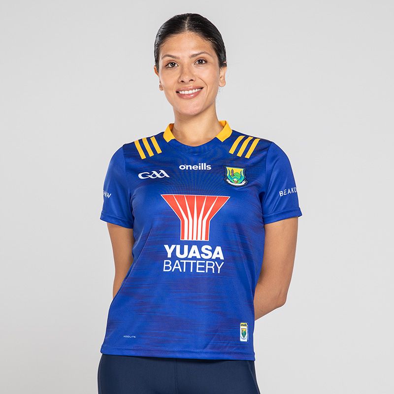 Royal Blue Women's Wicklow Hurling Home Jersey with sponsor logo by O'Neills.