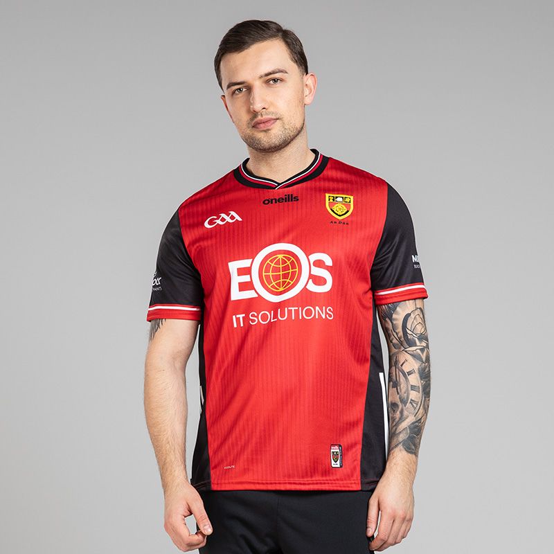 O’Neills Red Down GAA Men's Home Jersey 2025 from O’Neills.