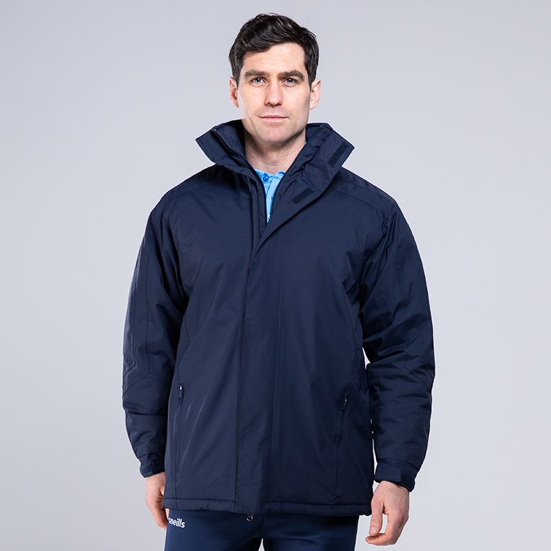 Navy Men's Touchline jacket with a high collar, detachable hood and pockets by O'Neills.