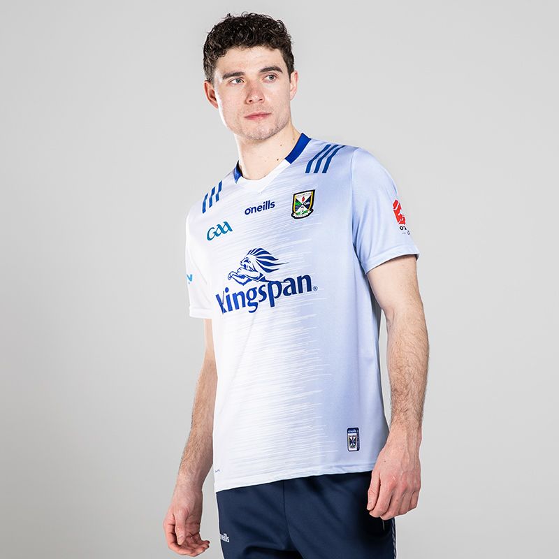 White/Royal Blue Men's Cavan GAA Goalkeeper Jersey 2023 with 3 stripe detail on shoulders by O'Neills. 