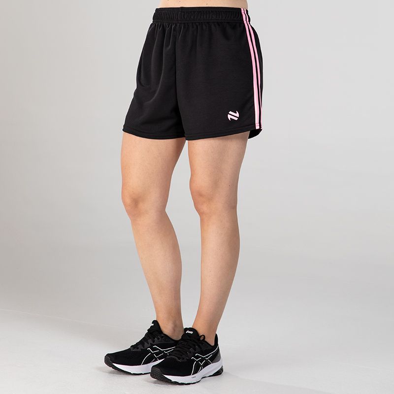 Black Women's O’Neills Kai Shorts with Pink stripes on each leg and O’Neills logo.
