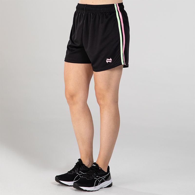 Black O’Neills Kai Shorts with green and pink stripes on each leg and O’Neills logo.