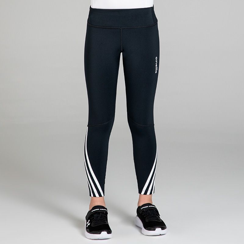 Black Kids’ Tilly High Waisted Gym Leggings with 7/8 length and 3 white stripes by O’Neills.