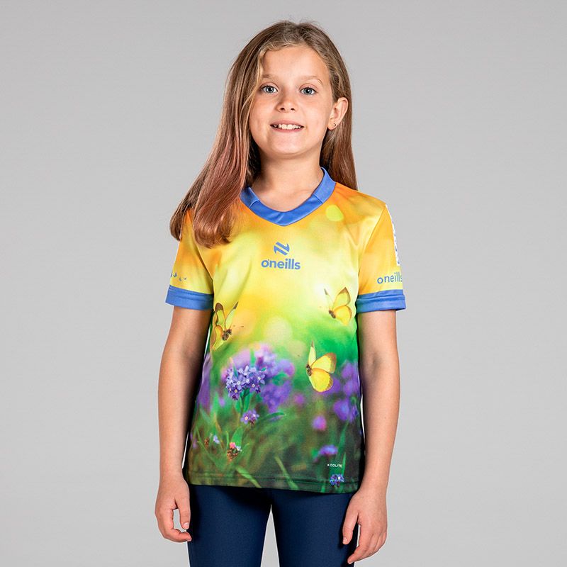 Kids’ Good Vibes Days O’Neills ploughing jersey with image of butterflies in a meadow.