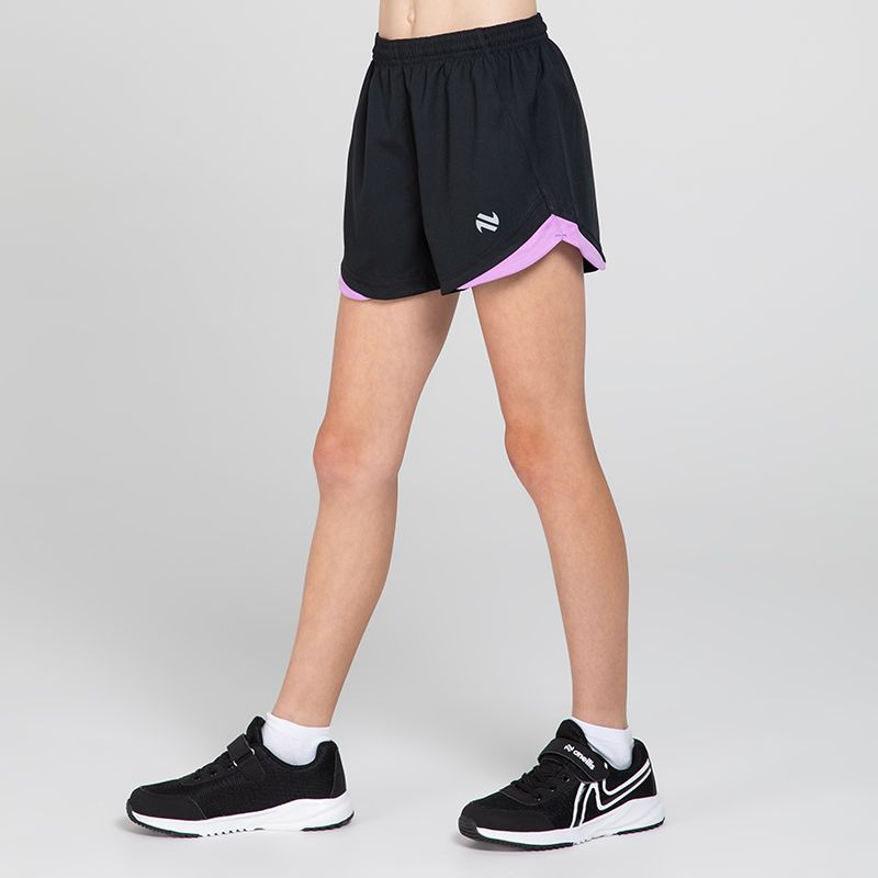 Black/Purple Girls’ Sports Shorts with elasticated waistband by O’Neills.