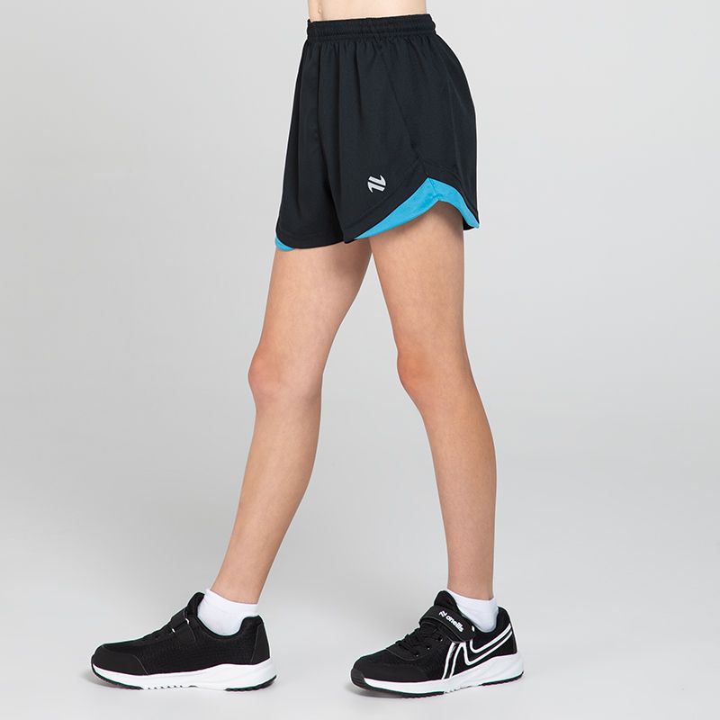 Black/Blue Girls’ Sports Shorts with elasticated waistband by O’Neills.