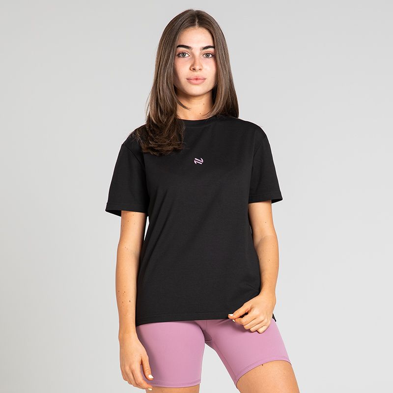 Black Women’s Recharge T-Shirt with dropped shoulders by O’Neills. 