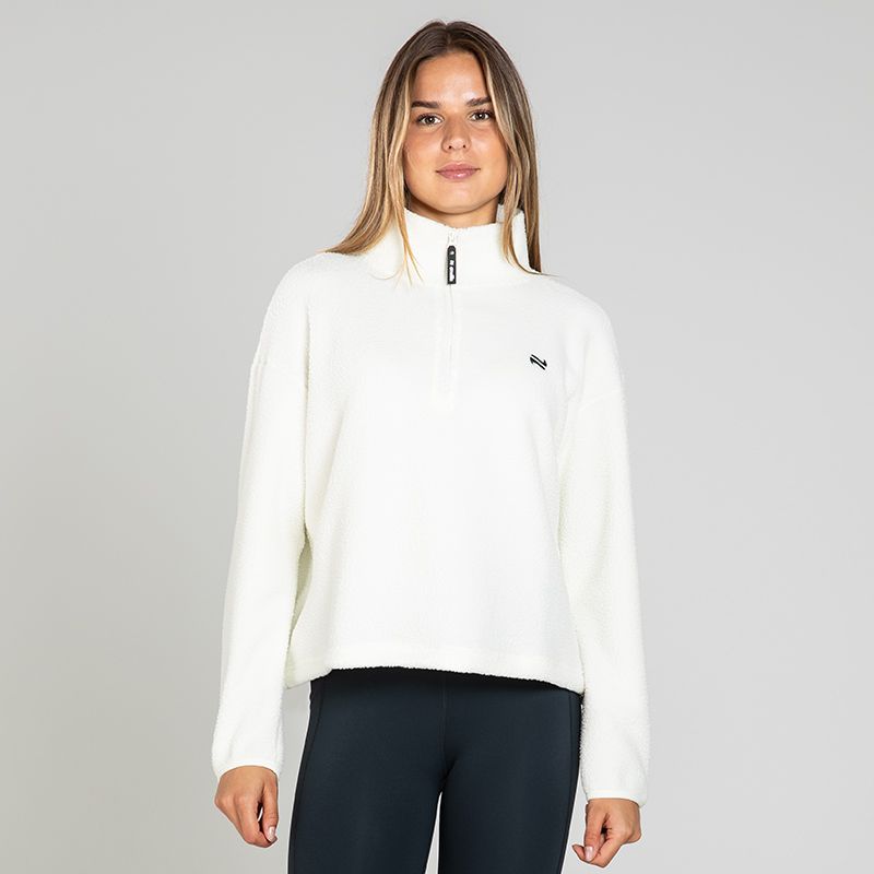 White Women's Sadie Half Zip from O’Neills featuring a deep funnel neck collar and adjustable waistband with toggle 