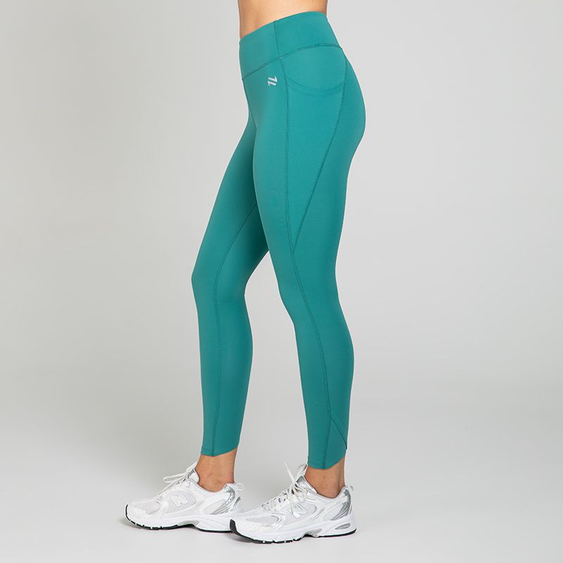 Green women’s gym leggings with phone pockets and high waist by O’Neills.