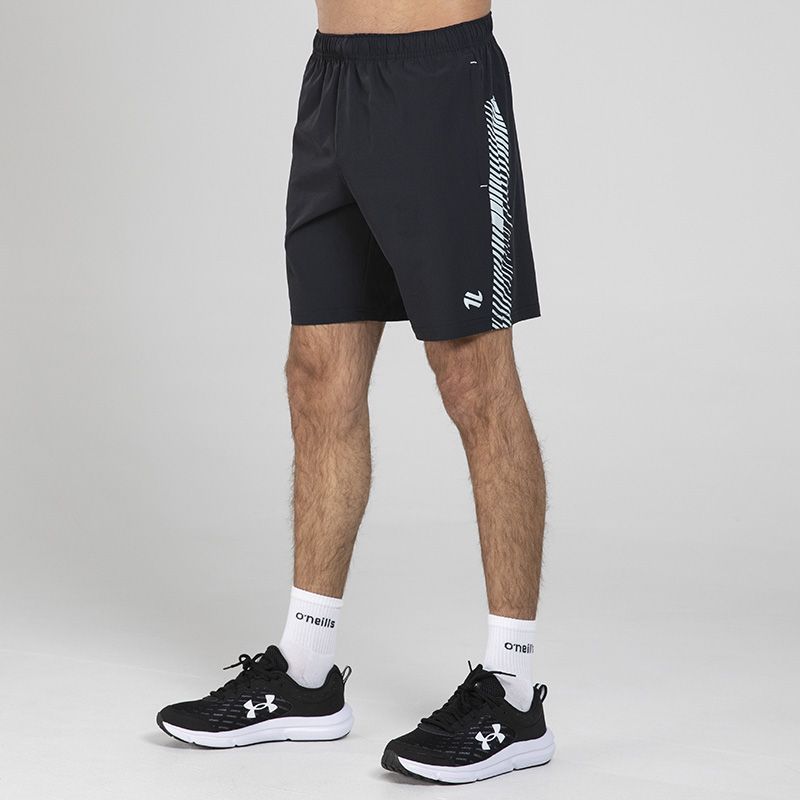 Black Men’s Ignite Training Shorts with White print design and two zip pockets by O’Neills.