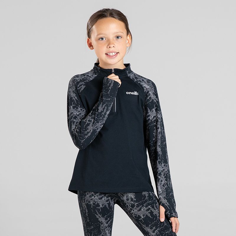 Black Kids reflective half zip top with reflective camouflage design on the sleeves by O’Neills. 