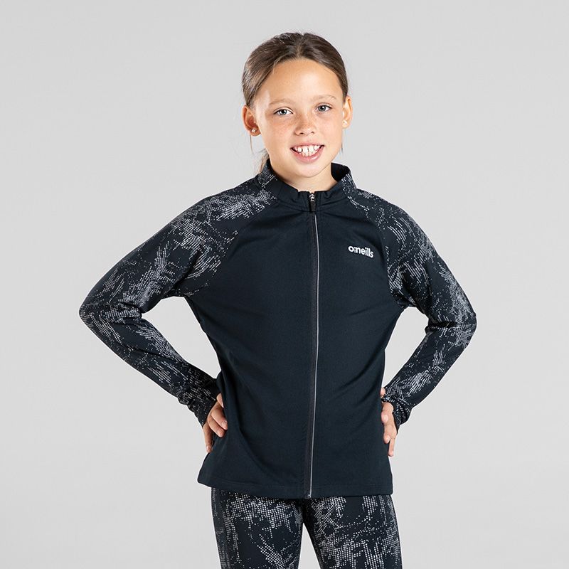 Black Kids reflective full zip jacket with reflective camouflage design on the sleeves and two zip pockets by O’Neills. 