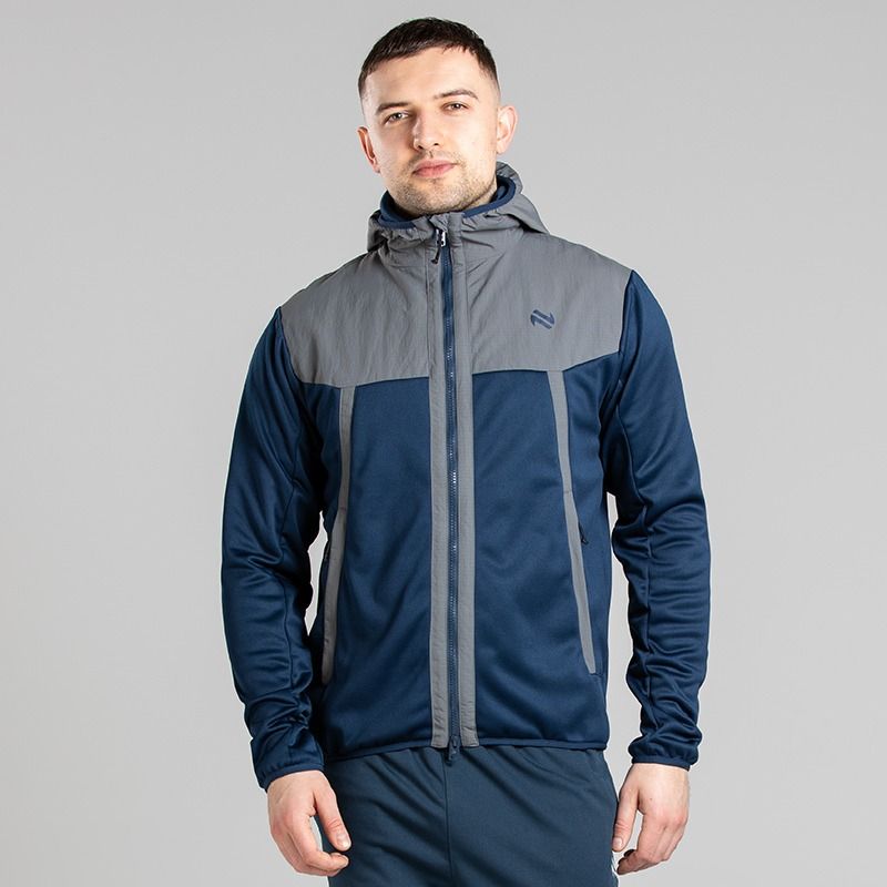 O’Neills Men’s Cyprus Hybrid Hooded Jacket in two-tone grey/navy with zip pockets