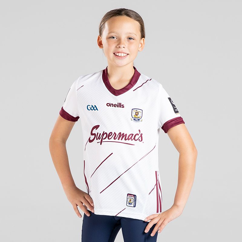 White Kids' Galway GAA Goalkeeper Jersey 2023 with 'Supermac's' logo by O'Neills.