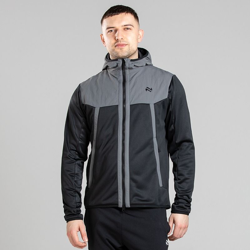 O’Neills Men’s Cyprus Hybrid Hooded Jacket in two-tone grey/black with zip pockets