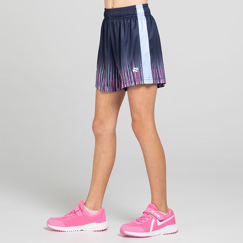 Navy Kids’ Miley Sports Shorts with pink and lavender ombre design by O’Neills.
