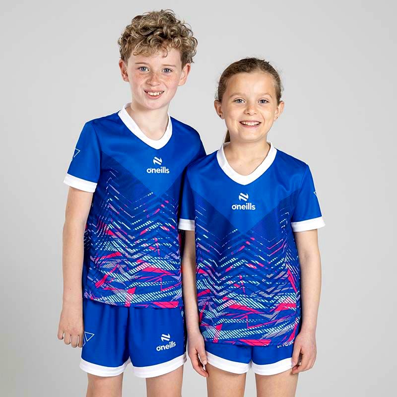 Blue Kids’ Volt Summer Sets with matching jersey and shorts by O’Neills.