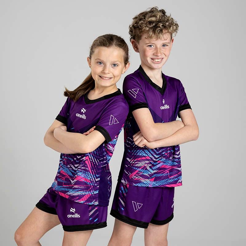 Purple Kids’ Volt Summer Sets with matching jersey and shorts by O’Neills.