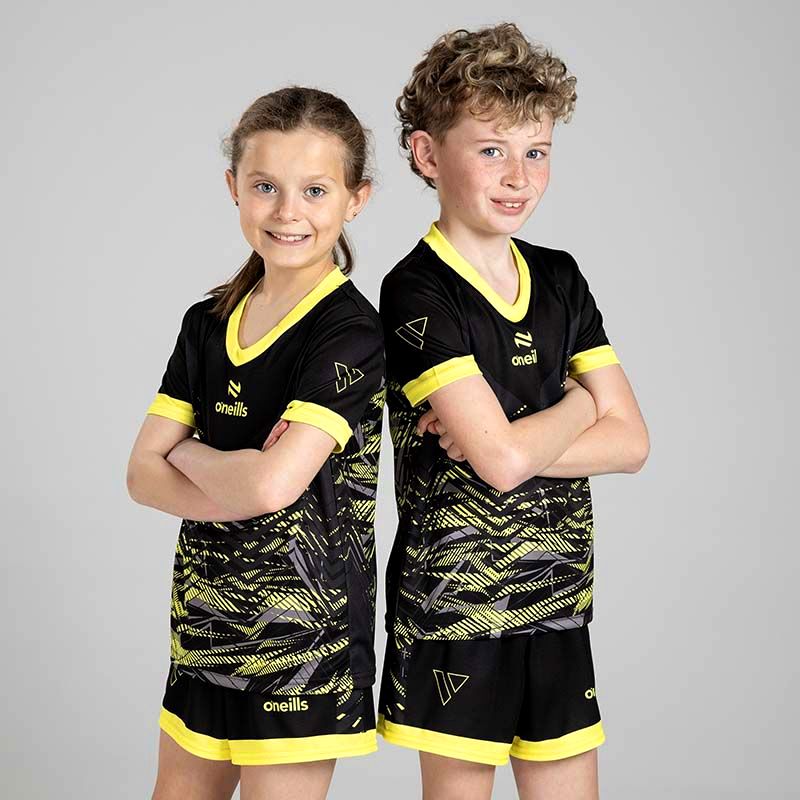 Black Kids’ Volt Summer Sets with matching jersey and shorts by O’Neills.